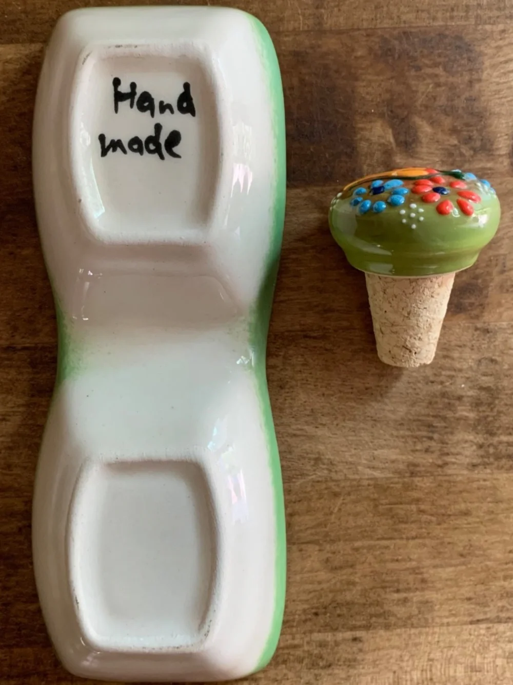 Handmade Ceramic Tidbit Bowl w/ Matching Wine Stopper | Folk Art Style